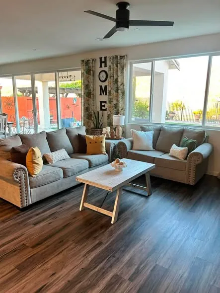 Living room with two sofas and cushions straightened after cleaning